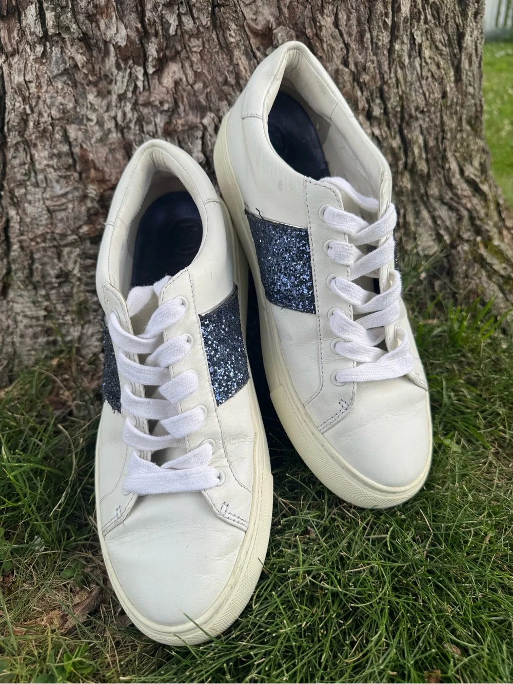 Tory Burch White Leather Sneakers with Navy Glitter Panels